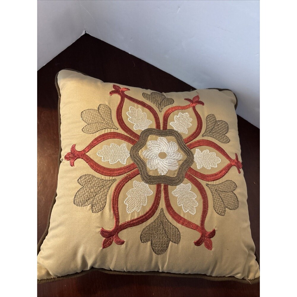 Throw Pillow Brown Embroidered Mandala Paisley Red Tan White Flower Décor 15"